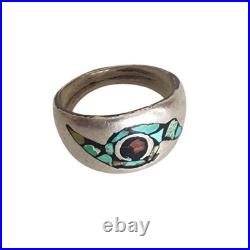 Vintage Native American Ring Silver Navajo Whirlwind Turquoise Coral Chip Inlay