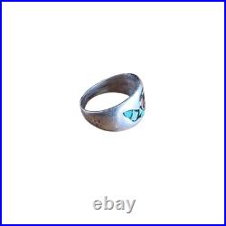 Vintage Native American Ring Silver Navajo Whirlwind Turquoise Coral Chip Inlay
