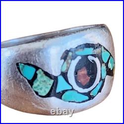 Vintage Native American Ring Silver Navajo Whirlwind Turquoise Coral Chip Inlay