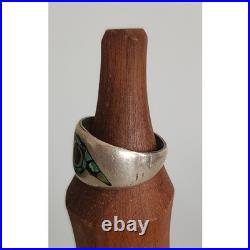 Vintage Native American Ring Silver Navajo Whirlwind Turquoise Coral Chip Inlay