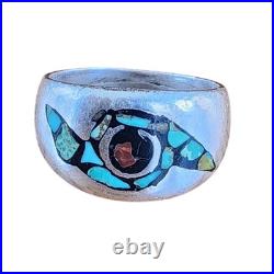 Vintage Native American Ring Silver Navajo Whirlwind Turquoise Coral Chip Inlay