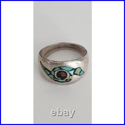 Vintage Native American Ring Silver Navajo Whirlwind Turquoise Coral Chip Inlay