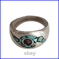 Vintage Native American Ring Silver Navajo Whirlwind Turquoise Coral Chip Inlay