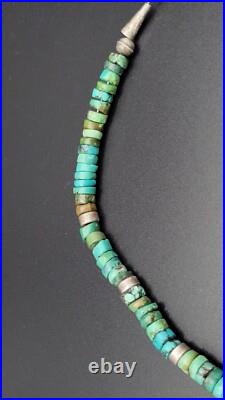 Vintage Native American Rough Cut Turquoise Heishi Sterling Silver Necklace, 20