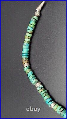 Vintage Native American Rough Cut Turquoise Heishi Sterling Silver Necklace, 20