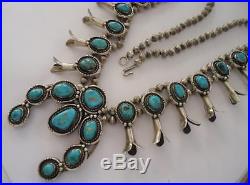 Vintage Native American STERLING SILVER & TURQUOISE Squash Blossom Necklace