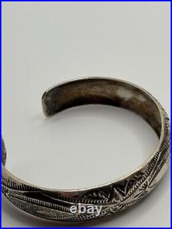 Vintage Native American Signed J Sterling Silver Stamped Cuff Bracelet