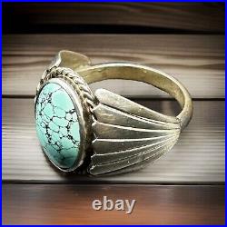 Vintage Native American Signed KP Turquoise Sterling Silver Ring Size 11