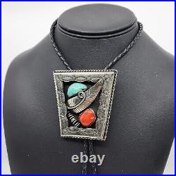 Vintage Native American Signed Nickel Silver Turquoise & Coral Bolo Tie