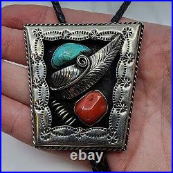 Vintage Native American Signed Nickel Silver Turquoise & Coral Bolo Tie