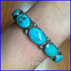 Vintage Native American Silver 5 Large Oval Turquoise Bracelet For Women