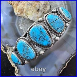 Vintage Native American Silver 7 Turquoise Decorated Flexible Bracelet For Men