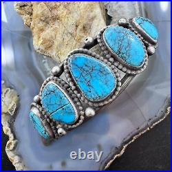 Vintage Native American Silver 7 Turquoise Decorated Flexible Bracelet For Men