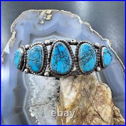 Vintage Native American Silver 7 Turquoise Decorated Flexible Bracelet For Men