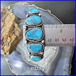 Vintage Native American Silver 7 Turquoise Decorated Flexible Bracelet For Men