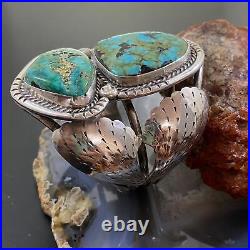Vintage Native American Silver Cactus Leaves & Turquoise Bracelet For Women