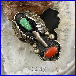 Vintage Native American Silver Coral & Turquoise withSquash Ring Size 7.5