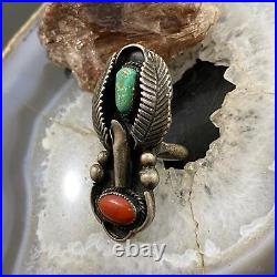 Vintage Native American Silver Coral & Turquoise withSquash Ring Size 7.5