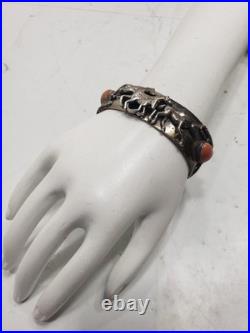 Vintage Native American Silver Cuff With Coral Stone & Horses Pre Owned