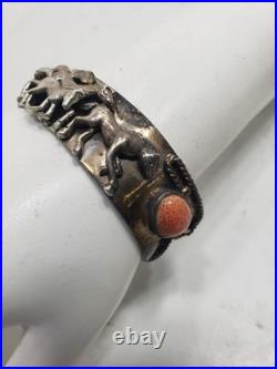 Vintage Native American Silver Cuff With Coral Stone & Horses Pre Owned