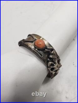 Vintage Native American Silver Cuff With Coral Stone & Horses Pre Owned