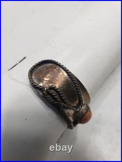Vintage Native American Silver Cuff With Coral Stone & Horses Pre Owned