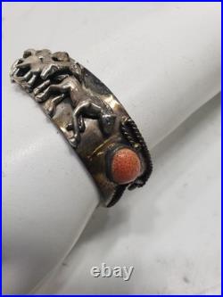 Vintage Native American Silver Cuff With Coral Stone & Horses Pre Owned