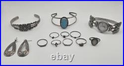 Vintage Native American Silver Jewelry Lot Rings, bracelets, earring And Watch