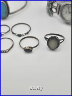 Vintage Native American Silver Jewelry Lot Rings, bracelets, earring And Watch
