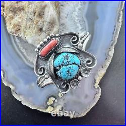 Vintage Native American Silver Kingman Turquoise & Coral Bracelet For Women