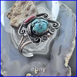 Vintage Native American Silver Kingman Turquoise & Coral Bracelet For Women