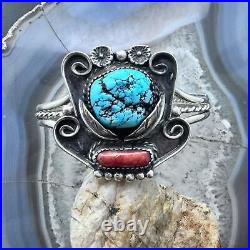 Vintage Native American Silver Kingman Turquoise & Coral Bracelet For Women