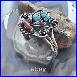 Vintage Native American Silver Kingman Turquoise & Coral Bracelet For Women