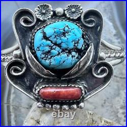 Vintage Native American Silver Kingman Turquoise & Coral Bracelet For Women