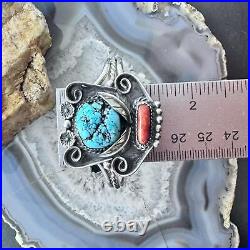 Vintage Native American Silver Kingman Turquoise & Coral Bracelet For Women