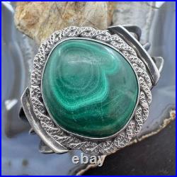 Vintage Native American Silver Large Rounded Malachite Decorated Cuff For Women