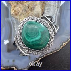 Vintage Native American Silver Large Rounded Malachite Decorated Cuff For Women