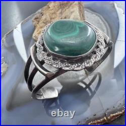 Vintage Native American Silver Large Rounded Malachite Decorated Cuff For Women