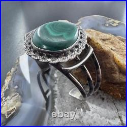 Vintage Native American Silver Large Rounded Malachite Decorated Cuff For Women