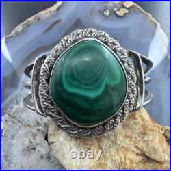 Vintage Native American Silver Large Rounded Malachite Decorated Cuff For Women