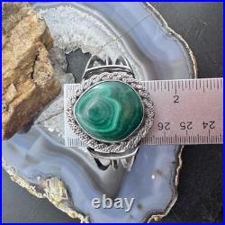 Vintage Native American Silver Large Rounded Malachite Decorated Cuff For Women