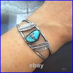 Vintage Native American Silver Leaf & Turquoise Split Shank Bracelet For Women