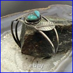 Vintage Native American Silver Leaf & Turquoise Split Shank Bracelet For Women