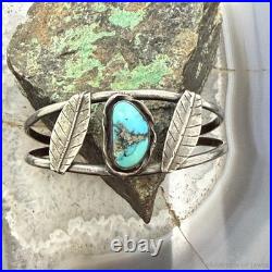Vintage Native American Silver Leaf & Turquoise Split Shank Bracelet For Women