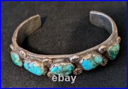 Vintage Native American Silver Nugget Turquoise Narrow Cuff Bracelet, E or EE