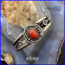 Vintage Native American Silver Oval Coral Decorated Bracelet For Women