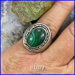 Vintage Native American Silver Oval Malachite Shield Ring Size 11 For Men