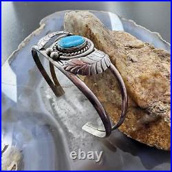 Vintage Native American Silver Oval Turquoise Decorated Split Shank Bracelet