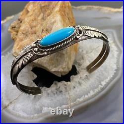 Vintage Native American Silver Oval Turquoise withLeaves Decorated Slim Bracelet