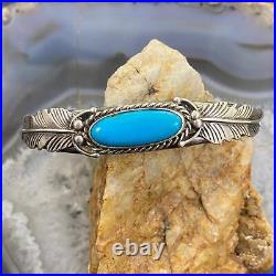 Vintage Native American Silver Oval Turquoise withLeaves Decorated Slim Bracelet